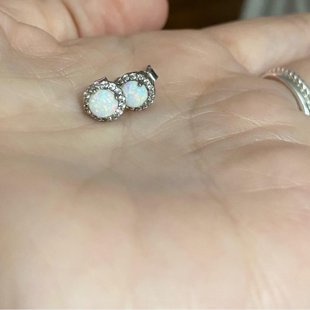 Lab created Opal and White Sapphire Silver earrings
